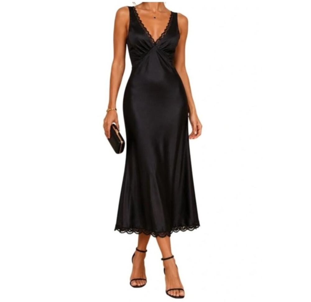 American Eagle Y2K Black Satin Lace Trim Midi Slip Dress Dark Romantic Size S